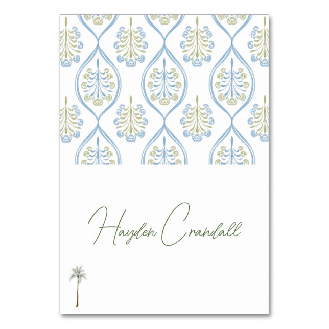 Bespoke Blue and Green Wedding Palm Tree Table Number (Front)