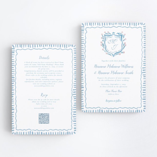 Bespoke Blue Crest QR RSVP All-In-One Wedding Invitation (Creator Uploaded)