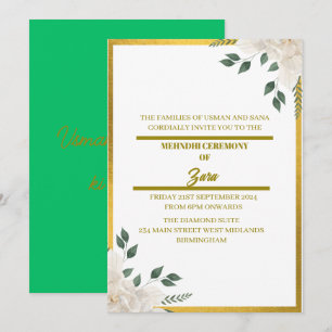 Bespoke Green and Gold Floral Mehndi Invite