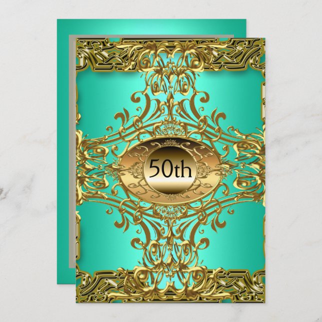 Best 50th Gold Teal Birthday Party Invitation (Front/Back)