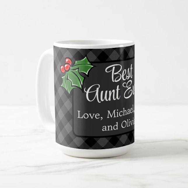 Best Aunt ever Christmas classic grey Plaid Holly  Coffee Mug (Front Left)