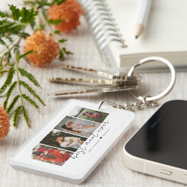 Best Aunt Ever Modern Script 4 Photos Collage Gift Key Ring (Front Right)