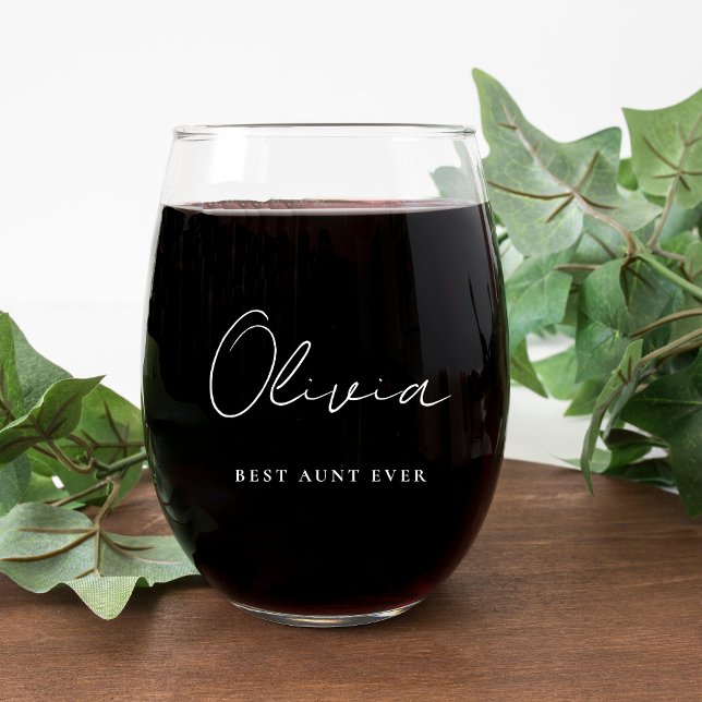 Best Aunt Ever White Script Monogram Stemless Wine Glass (Creator Uploaded)