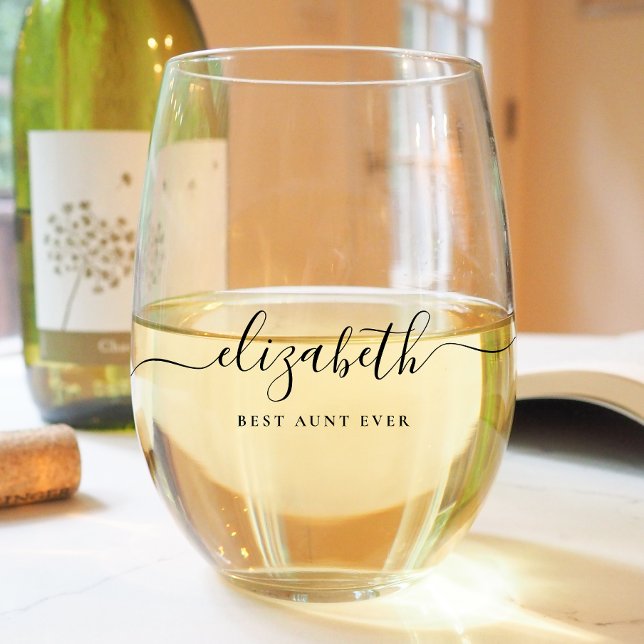 Best Aunt Script Monogram Stemless Wine Glass (Creator Uploaded)