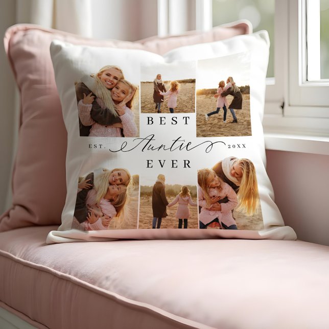 Best Auntie Ever Elegant Script Photo Collage Cushion (Best Auntie Ever Elegant Script Photo Collage Throw Pillow)