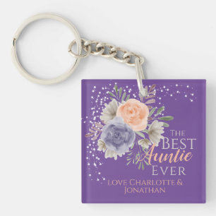 Best Auntie Ever Purple Floral Peony Rose  Key Ring