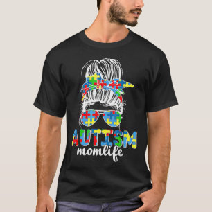 Best Autism Mom Messy Bun Puzzle Sunglasses Mother T-Shirt