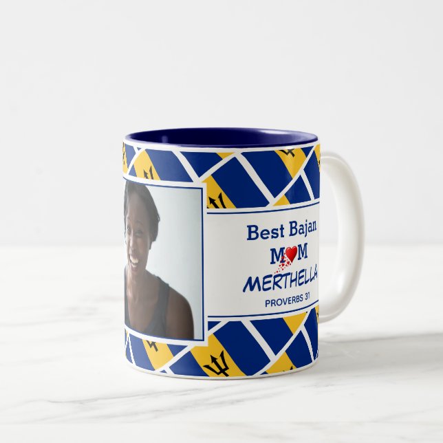 BEST BAJAN MUM Personalised Barbados Flag Photo Two-Tone Coffee Mug (Front Right)