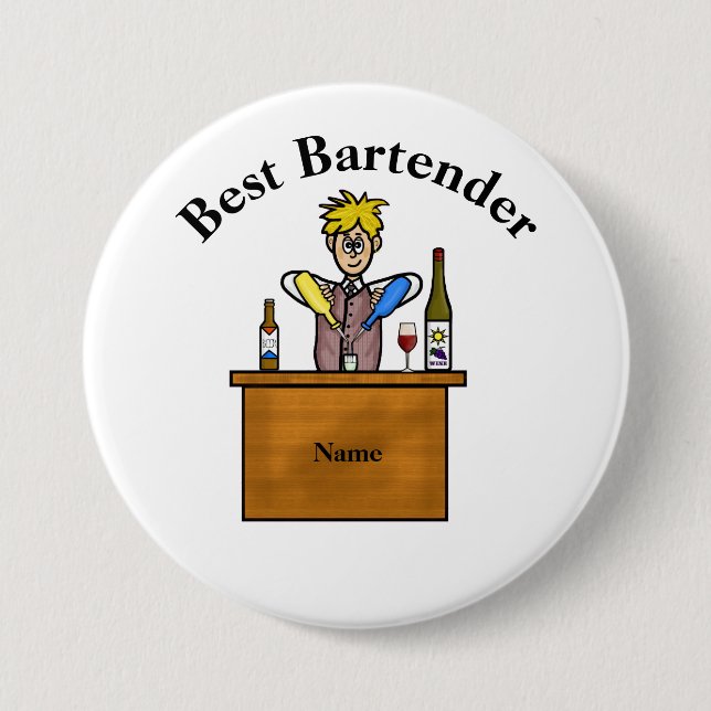 Best Bartender Button - Cartoon Male Bartender (Front)
