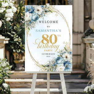 Best Boho dusty blue flowers 80th birthday welcome Poster