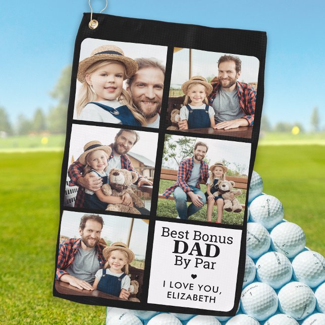 Best BONUS DAD By Par Personalised 5 Photo Collage Golf Towel (Creator Uploaded)