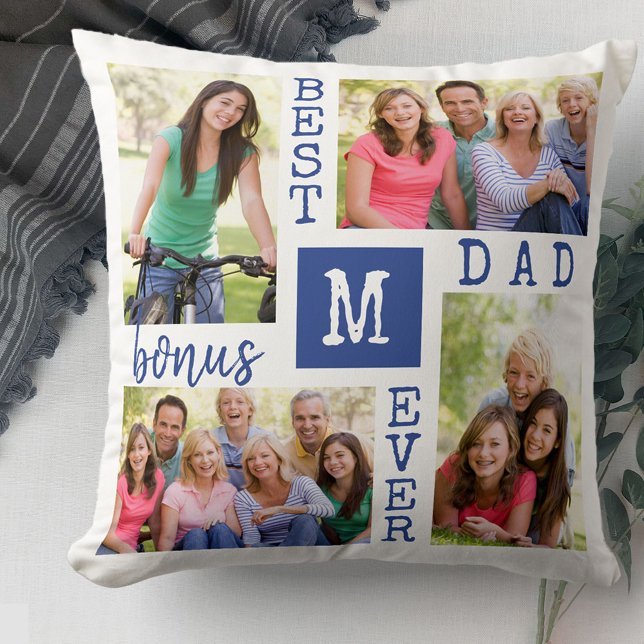Best Bonus Dad Ever 4 Photo Blue White Monogrammed Cushion (Creator Uploaded)