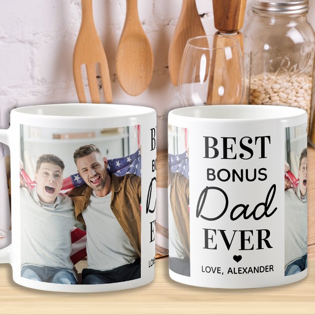 Best BONUS DAD Ever Custom 2 Photo Father's Day Coffee Mug (Creator Uploaded)
