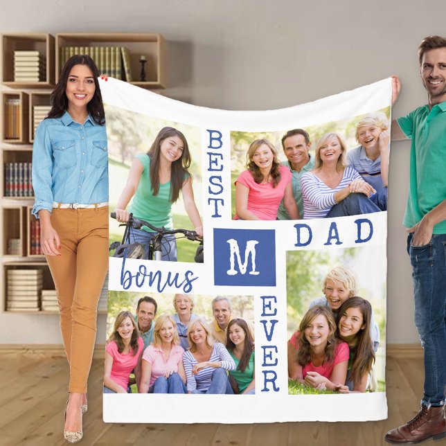 Best Bonus Dad Ever Editable Year 4 Photo Blue Fleece Blanket (Creator Uploaded)