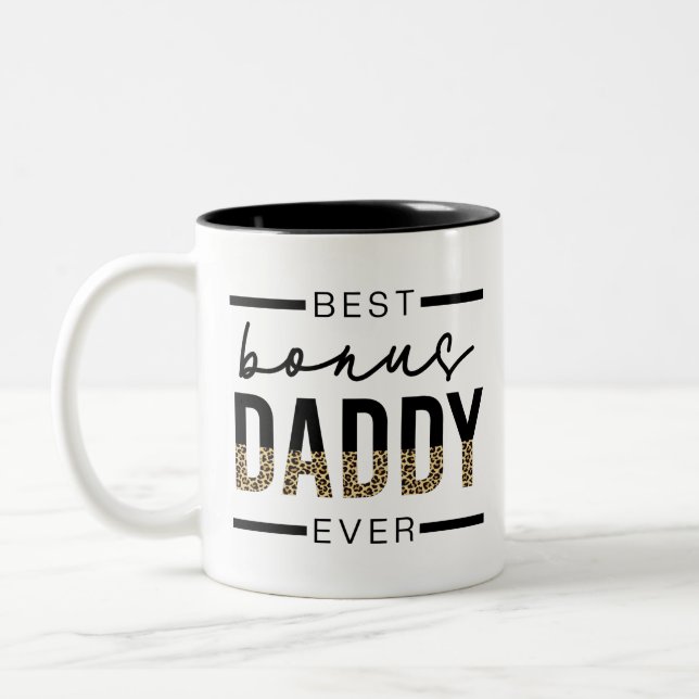 Best Bonus Dad Ever Leopard Typography Two-Tone Coffee Mug (Left)