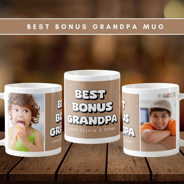 Best Bonus Grandpa Grandchildren 2 Photo Brown Coffee Mug (Creator Uploaded)