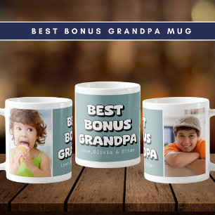 Best Bonus Grandpa Grandkids 2 Photo Slate Blue Coffee Mug