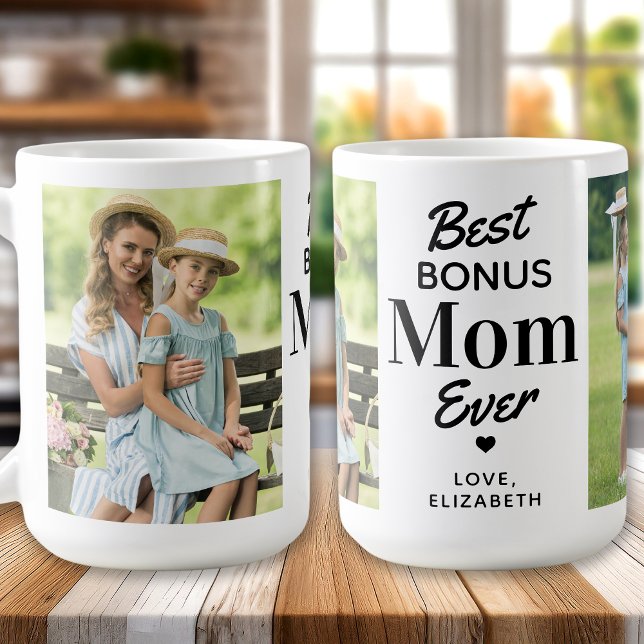 Best BONUS MOM Ever Custom 2 Photo Step Mum Coffee Mug (Creator Uploaded)