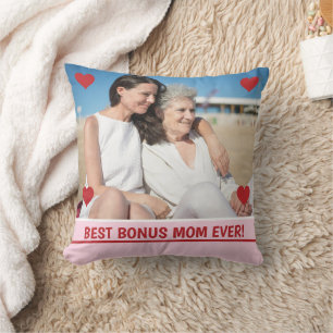 Best Bonus Mum Ever Photo Hearts Mother's Day Bday Cushion
