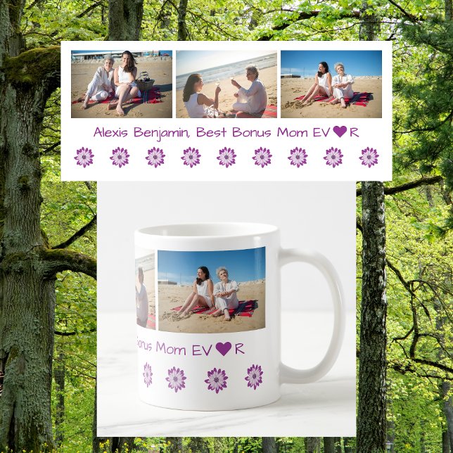 Best Bonus Mum Ever, w/ Heart. Name + 3 Photos  Coffee Mug (Best Bonus Mom EVER w/ heart. Personalized name & 3 photos. Modern, elegant, cute Mother's Day gift)