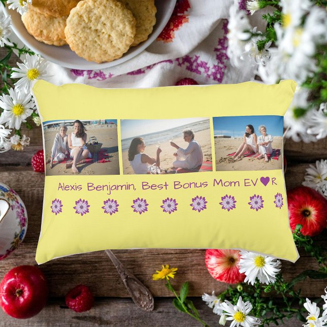 Best Bonus Mum Ever, w/ Heart. Name + 3 Photos  Decorative Cushion (Best Bonus Mom Ever. Heart. Personalized Name. 3 photos collage. Mother's Day. Stepmom Second mother)
