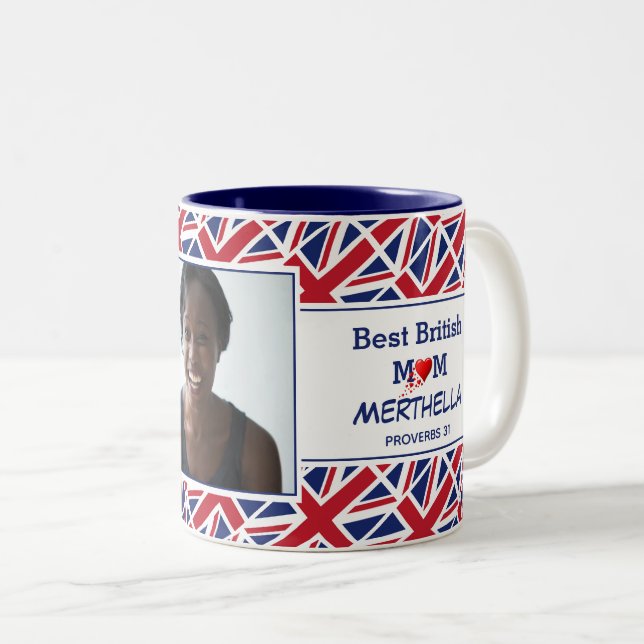 BEST BRITISH MUM Personalised Union Jack Photo Two-Tone Coffee Mug (Front Right)