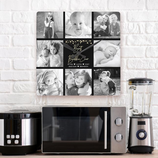 Best Bubbie Ever 8 Photo Collage Gold Glitter Glam Square Wall Clock (Creator Uploaded)