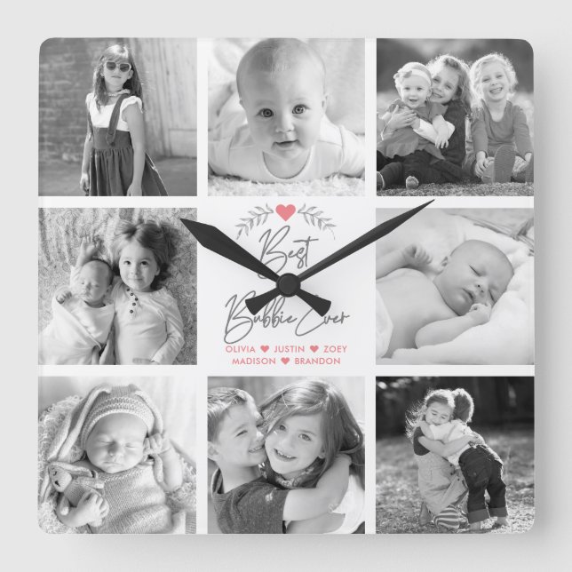 Best Bubbie Ever Modern Script 8 Photo Collage Square Wall Clock (Front)