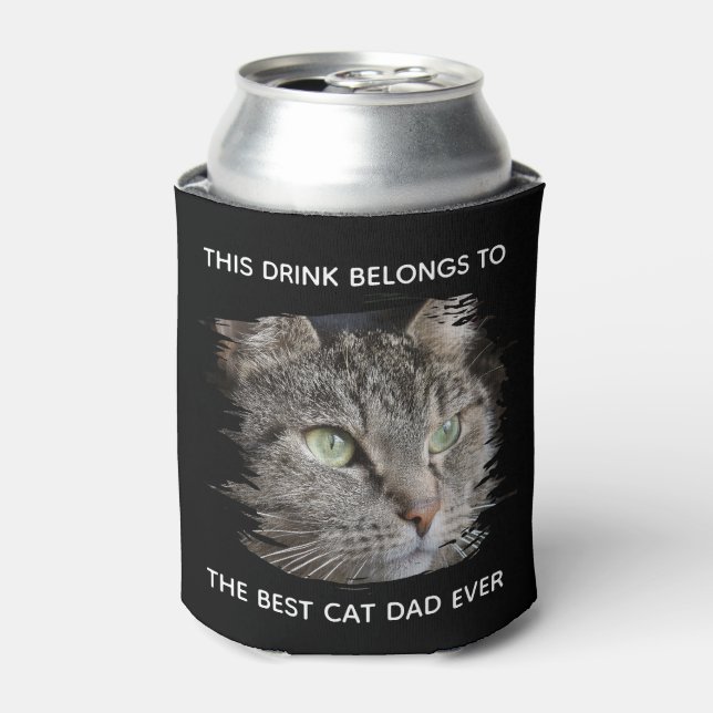 Best Cat Dad Ever Custom Photo Black Can Cooler (Can Front)