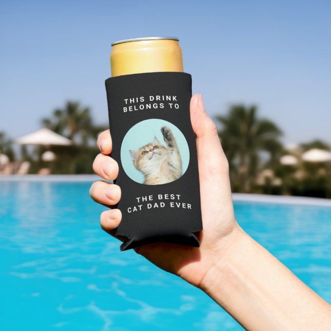 Best Cat Dad Ever Custom Text & 2 Photos Black Seltzer Can Cooler (In Situ Pool)