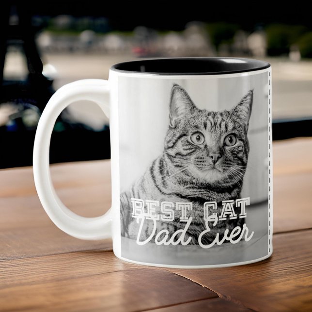Best Cat Dad Ever Modern Custom Photo and Cat Name Two-Tone Coffee Mug (Creator Uploaded)