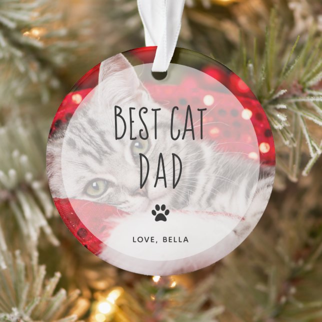 Best Cat Dad | Two Photo Handwritten Text Ornament (Tree)