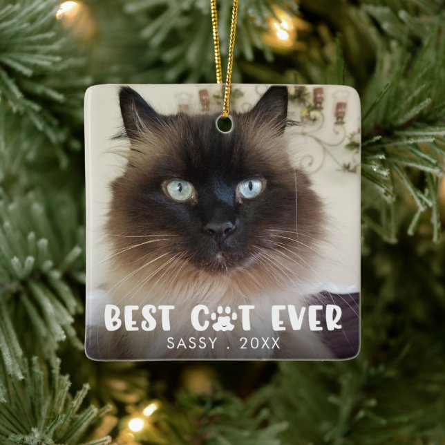 BEST CAT EVER Paw Print Personalised Photo Ceramic Ornament (Tree)