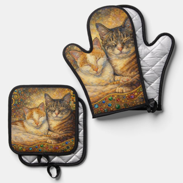 Best Cat Friends Klimt-inspired  Oven Mitt & Pot Holder Set (Front/Back)