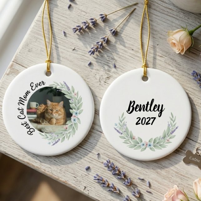 Best Cat Mom Ever Floral Wreath Pet Photo Ornament (Best cat mom ever floral pet photo ornament)