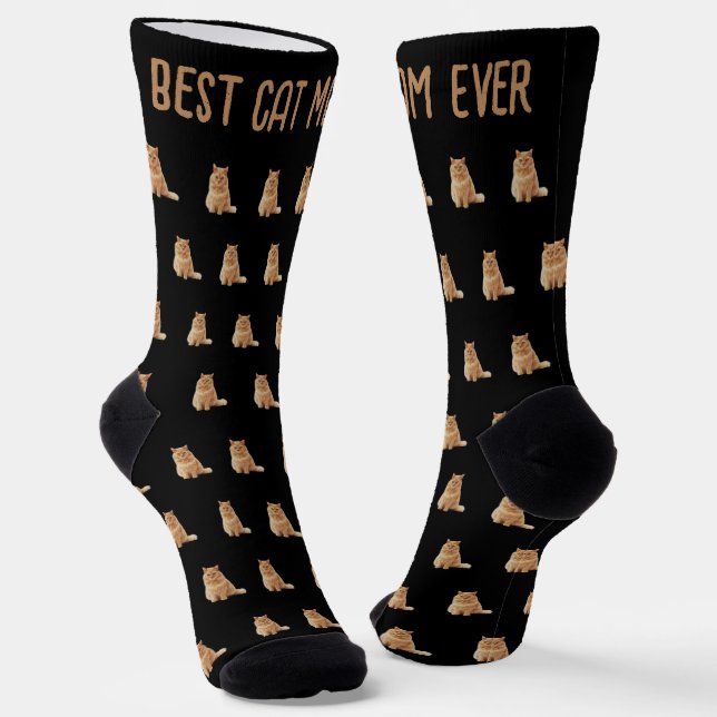 Best Cat Mom Ever Pet Photo Pattern Black Socks (Angled)