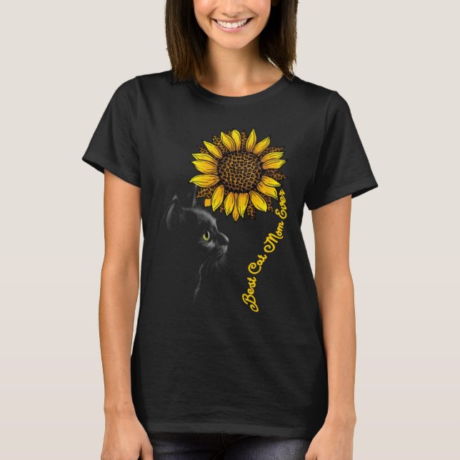 Best Cat Mom Ever Sunflower Leopard  Black Cat Mot T-Shirt (Front)