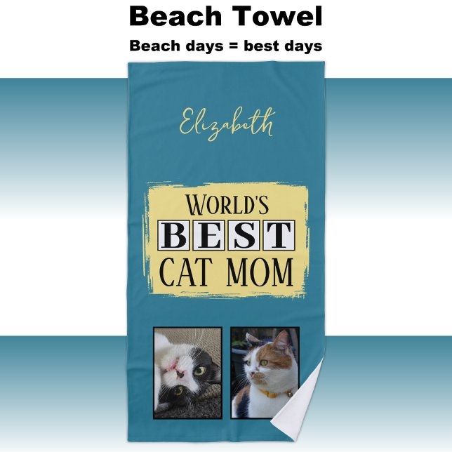 Best cat mum 2 photo name blue yellow beach towel (Creator Uploaded)