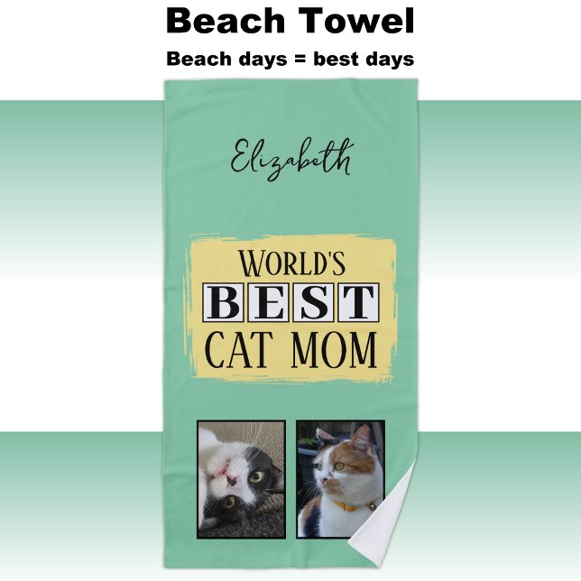 Best cat mum 2 photo name green yellow beach towel (Creator Uploaded)