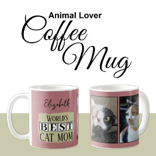 Best cat mum 2 photo name pink green coffee mug