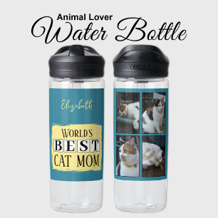 Best cat mum 4 photo name blue yellow water bottle