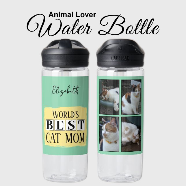 Best cat mum 4 photo name green yellow water bottle (Creator Uploaded)