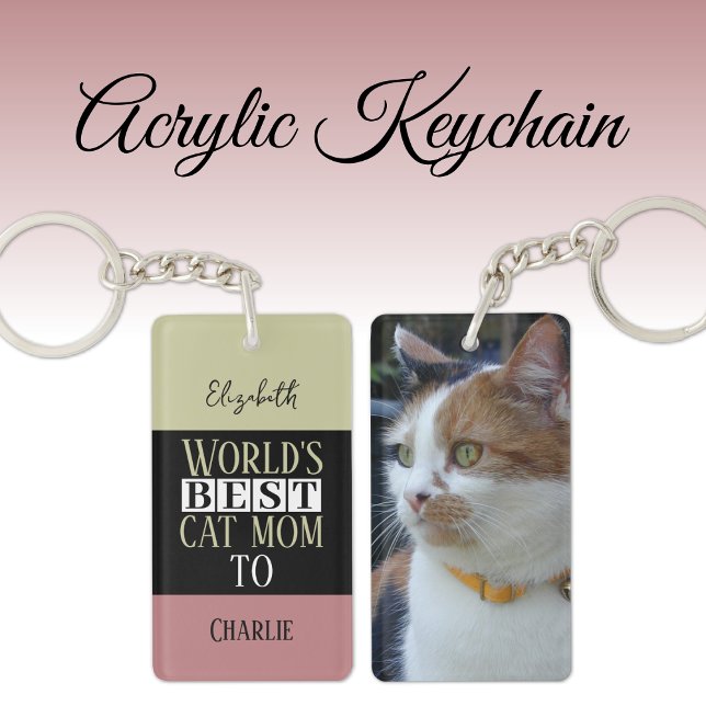 Best cat mum add name photo pink green key ring (Creator Uploaded)