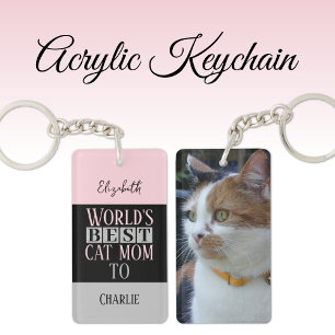 Best cat mum add name photo pink grey key ring