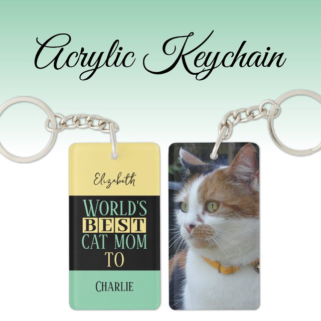 Best cat mum add name photo yellow green key ring (Creator Uploaded)