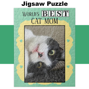 Best cat mum add photo green yellow jigsaw puzzle