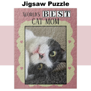 Best cat mum add photo pink green jigsaw puzzle