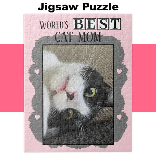 Best cat mum add photo pink grey jigsaw puzzle