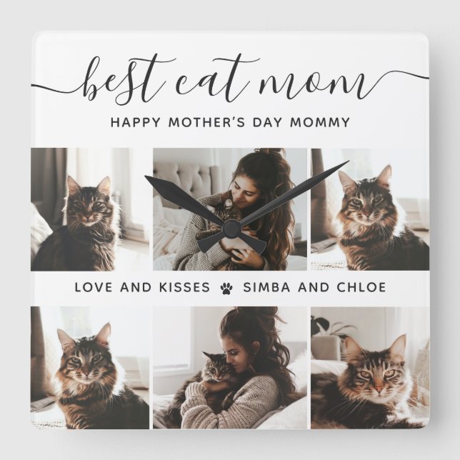 Best Cat Mum: Custom Mother's Day Cat Photo Square Wall Clock (Front)
