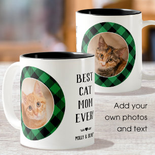 Best Cat Mum Ever Buffalo Plaid Photo Name Green Two-Tone Coffee Mug